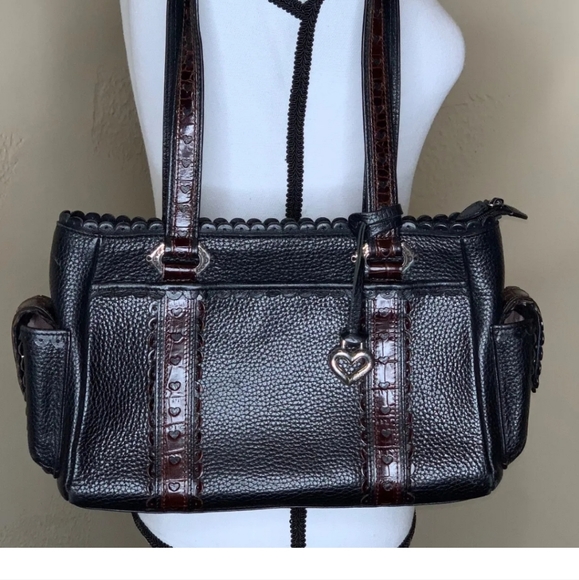 Brighton Shoulder Bag Black Heart Pebbled Croc Print Tooled 2 Tone Purse Charm - Picture 3 of 6